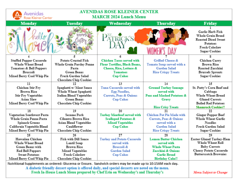 Avenidas Rose Kleiner Center March Menu