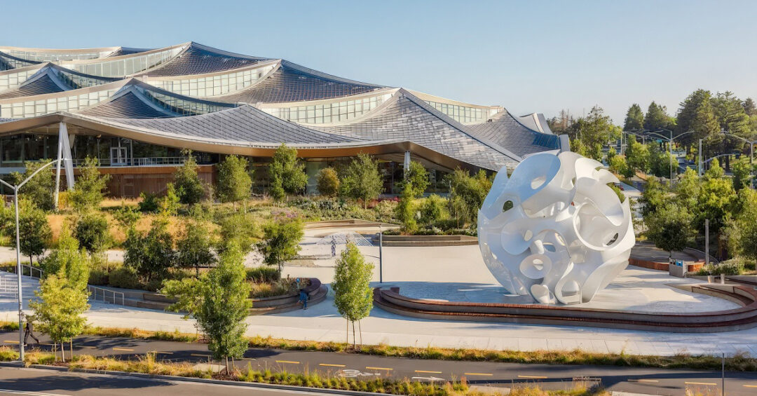outdoor sculpture in front of the Gradient Canopy at the Google Visitor Experience