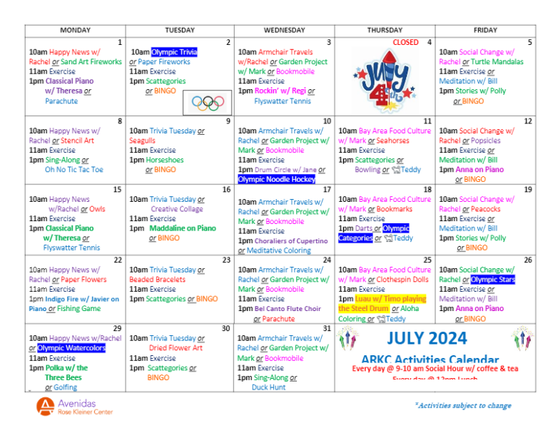 Avenidas Rose Kleiner Center July Activities