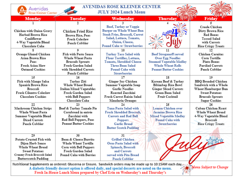 Avenidas Rose Kleiner Center July Menu