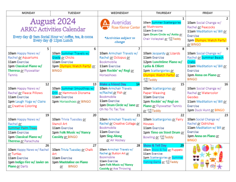 Avenidas Rose Kleiner Center August Activities