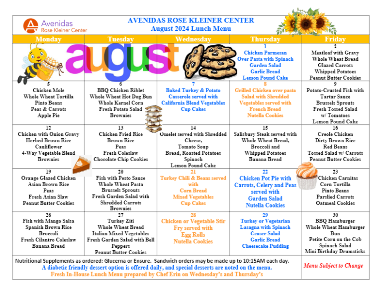 Avenidas Rose Kleiner Center August Menu