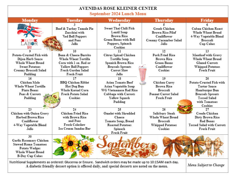 Avenidas Rose Kleiner Center September Menu