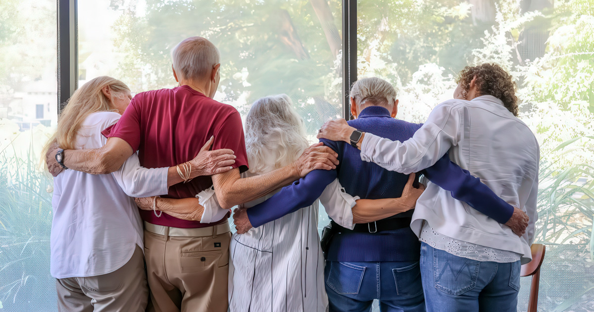 Family caregiver support group members with their arms looped around each other's backs, facing a sunny window