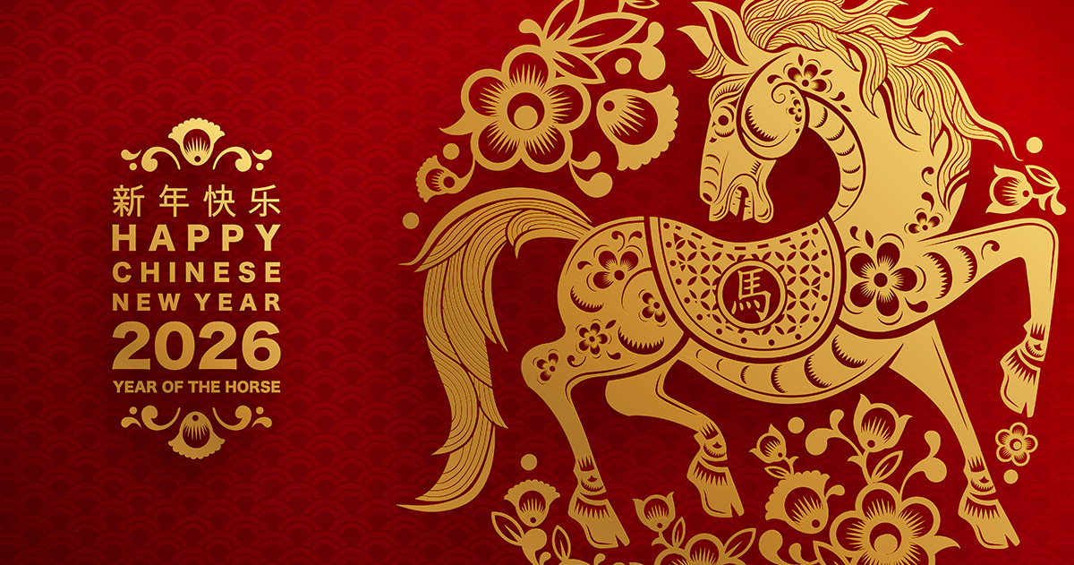 Happy Year of the Horse 2026! Stylized drawing of a horse in gold on a red background.