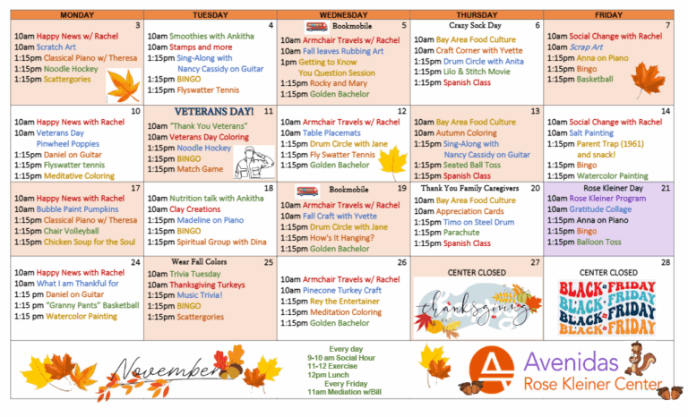 Avenidas Rose Kleiner Center November Activities