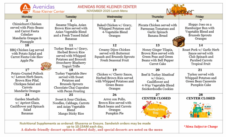 Avenidas Rose Kleiner Center November Menu