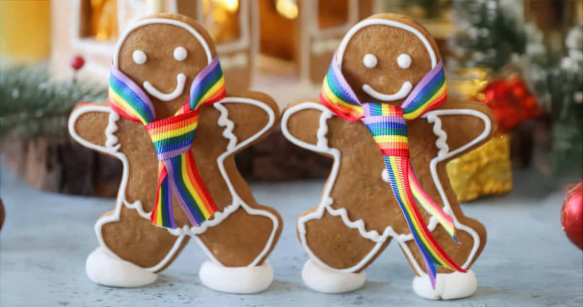 two gingerbread men wearing rainbow neckties made of ribbon