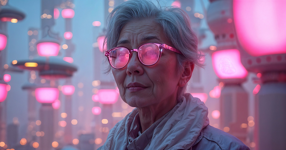 Senior woman in a futuristic city, generated by AI