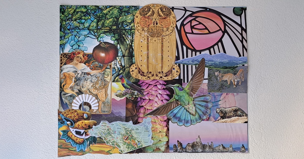 Collage made on poster board from magazine and calendar cutouts