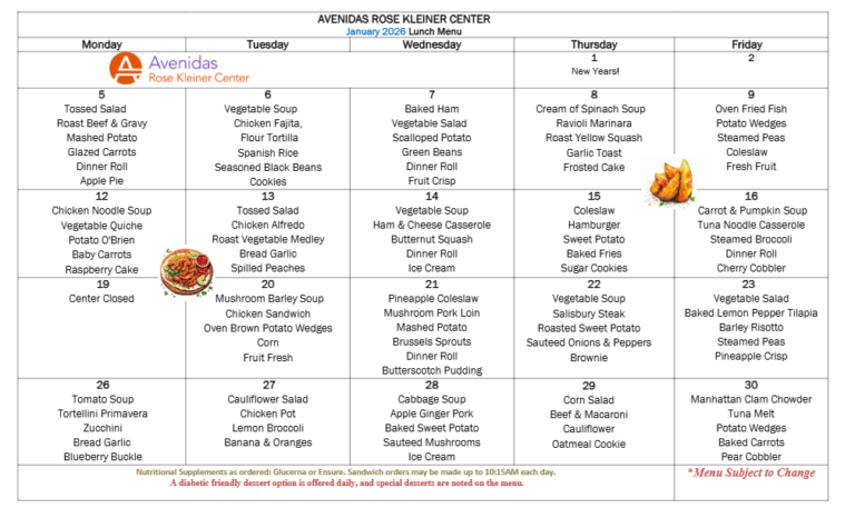 Avenidas Rose Kleiner Center January Menu