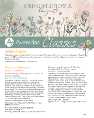 First page of Spring 2026 class listing PDF for Avenidas